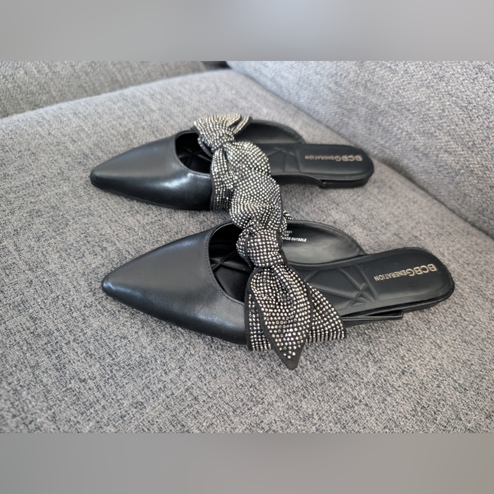 BCBGeneration Black Pointed Bow Rhinestone-Embellished Mules - Picture 7 of 8